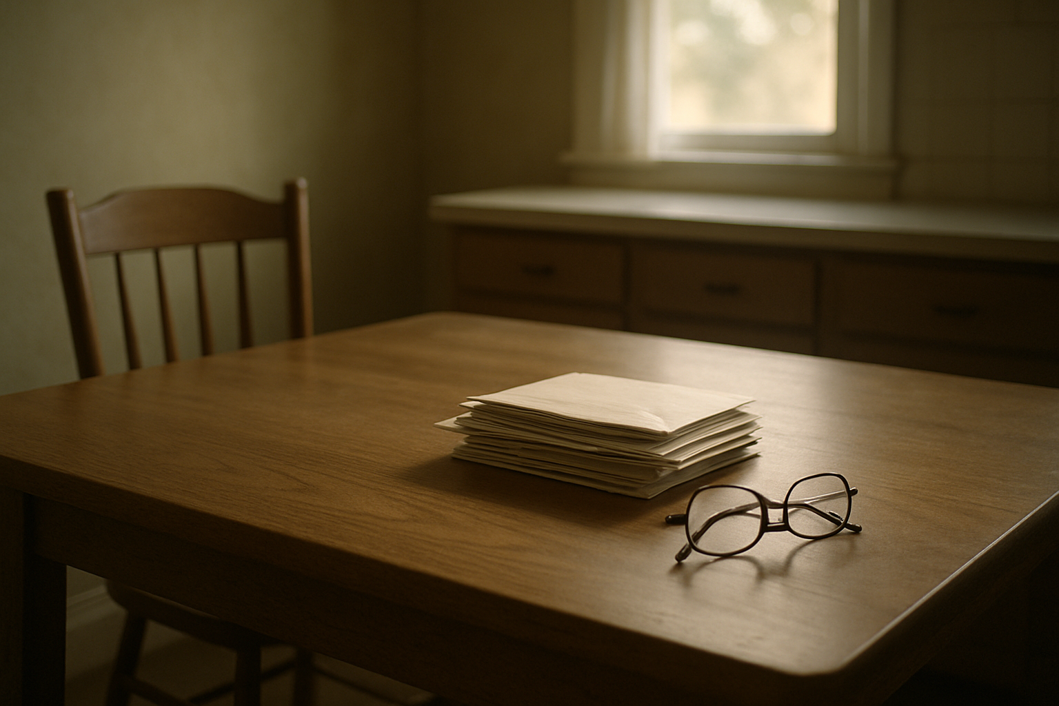Unopened mail and a cup of coffee on a kitchen table in a Hancock County home, quiet morning light