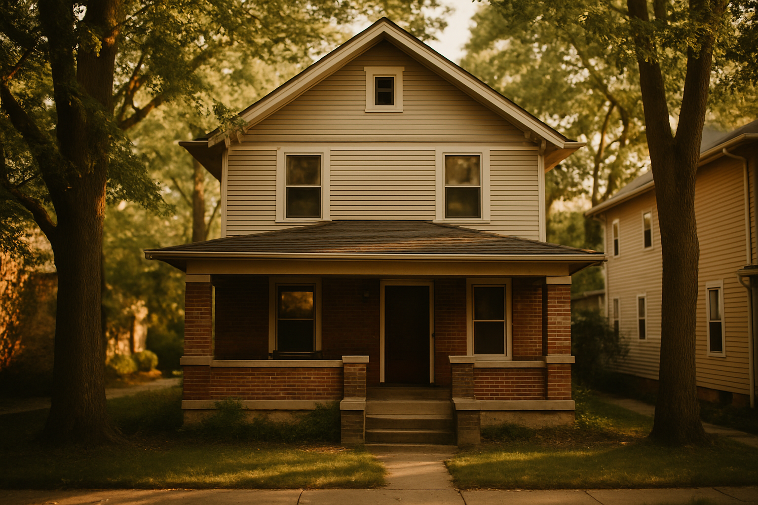 Older two-story home in an established Indianapolis neighborhood in warm late-afternoon light