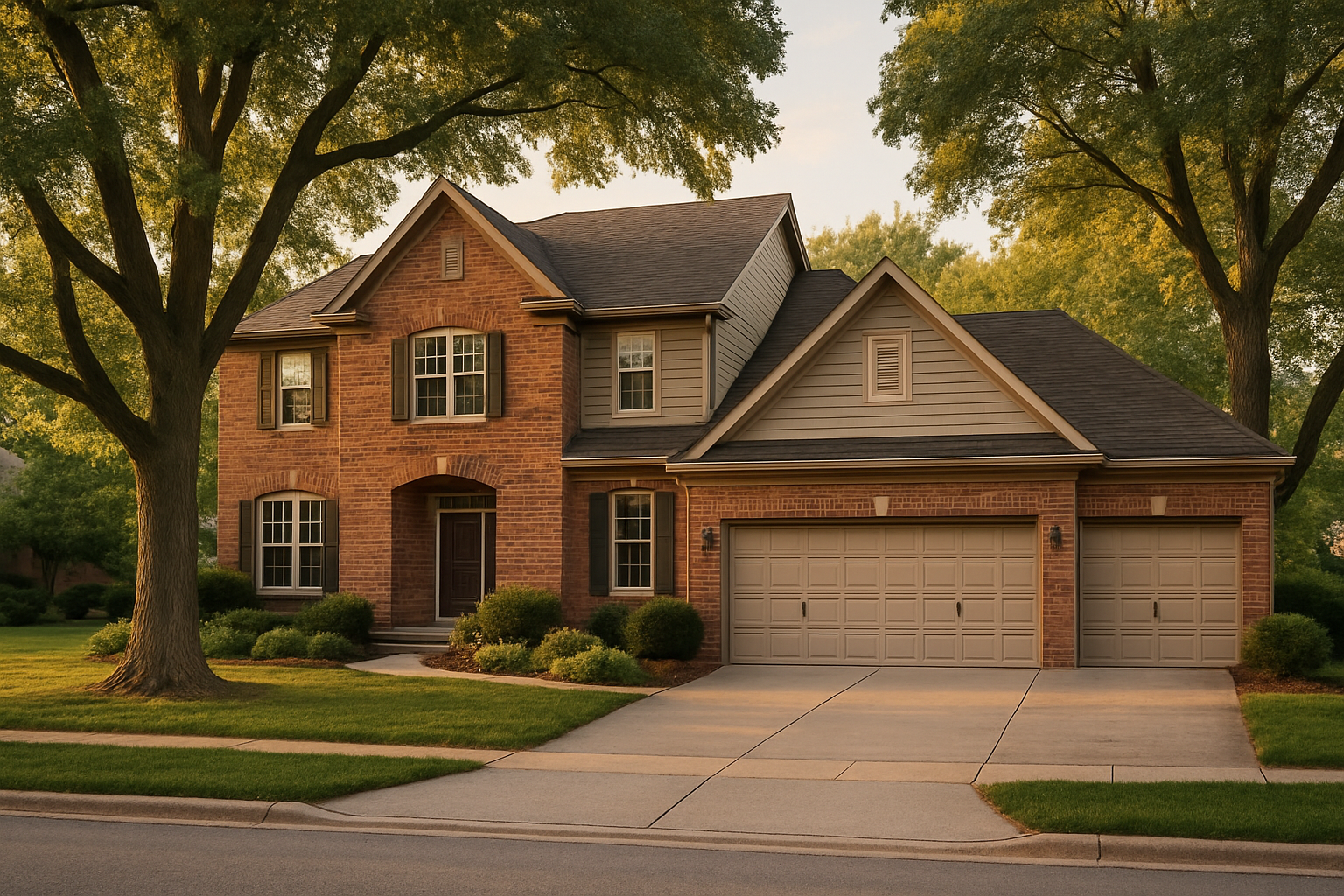 Upscale two-story brick Carmel Indiana home at golden hour