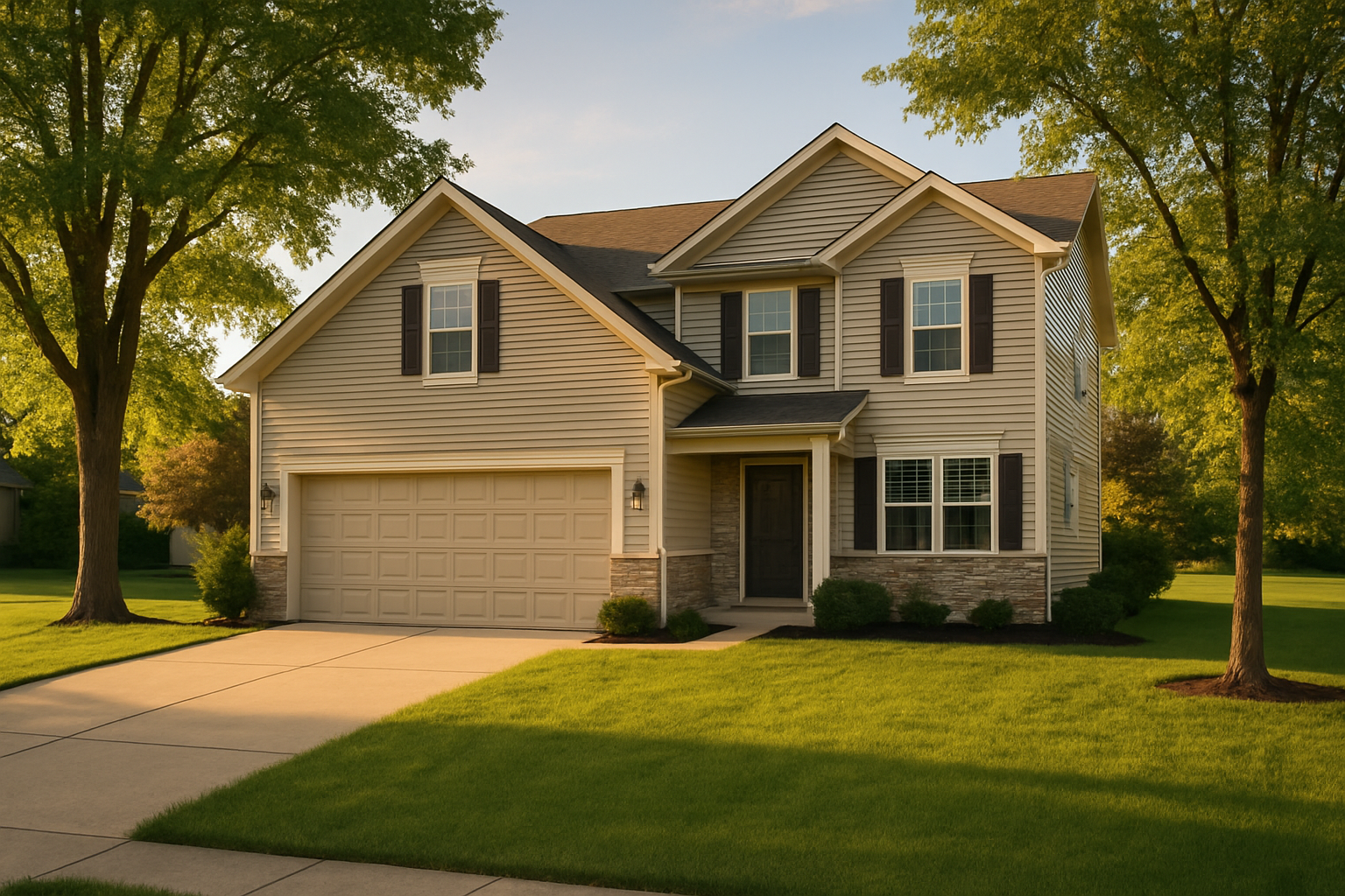 Two-story suburban home in Greenwood Indiana at golden hour with two-car garage and well-kept lawn