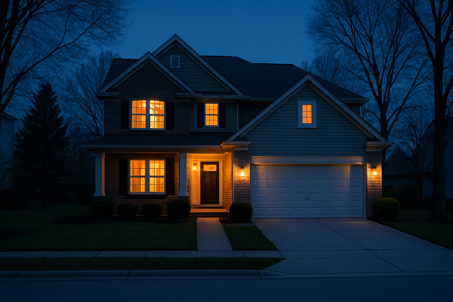 Two-story Fishers, Indiana home at dusk with warm light glowing in the windows