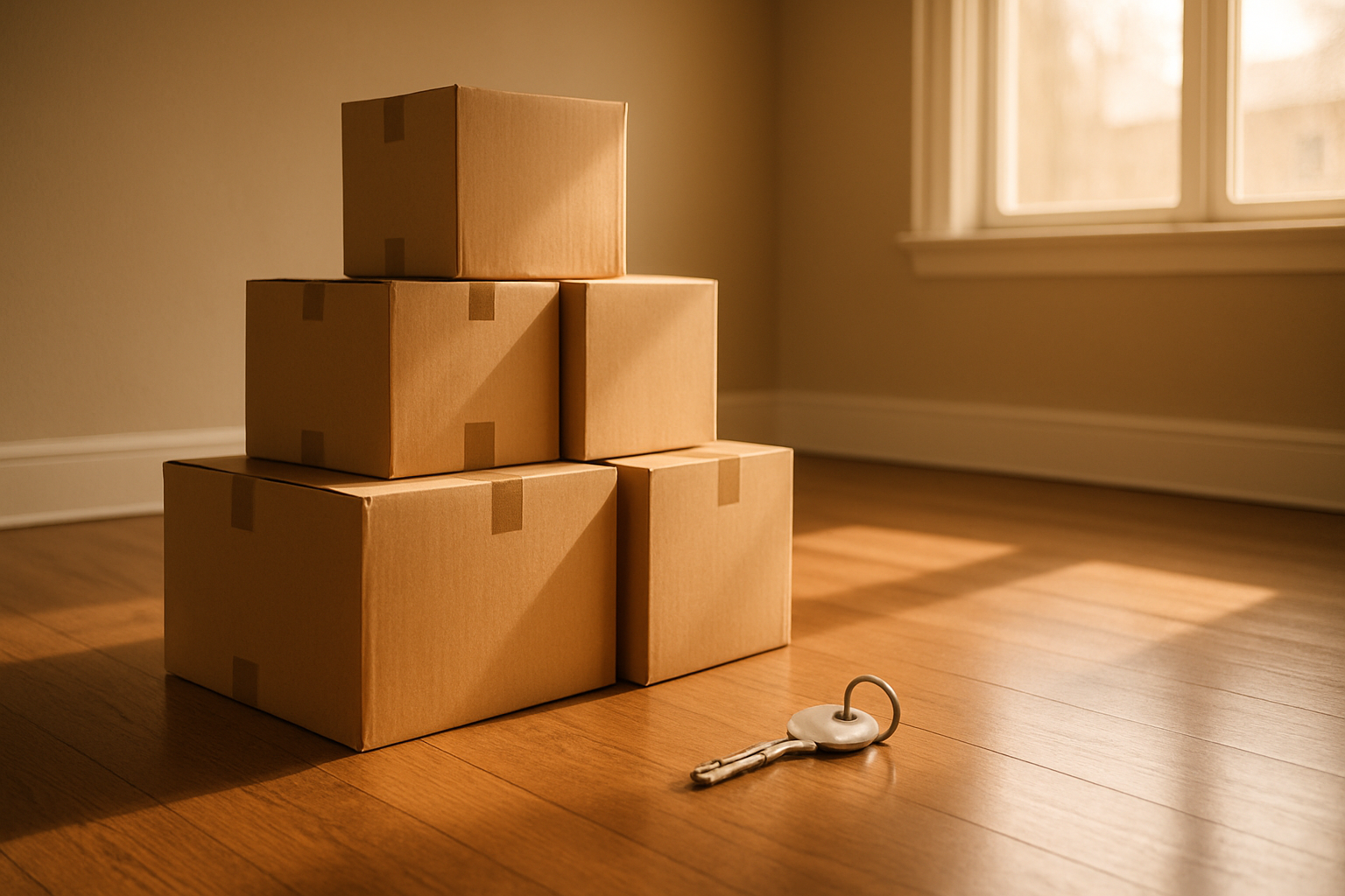 Moving boxes and house key on hardwood floor in empty sunlit room